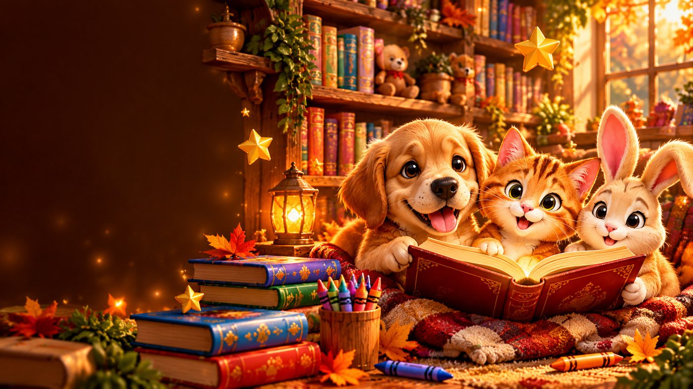 A puppy, kitten and bunny reading a big story book together in a cozy library