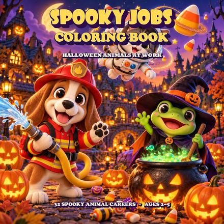 Cover of Spooky Jobs Coloring Book — cute Halloween animals at work