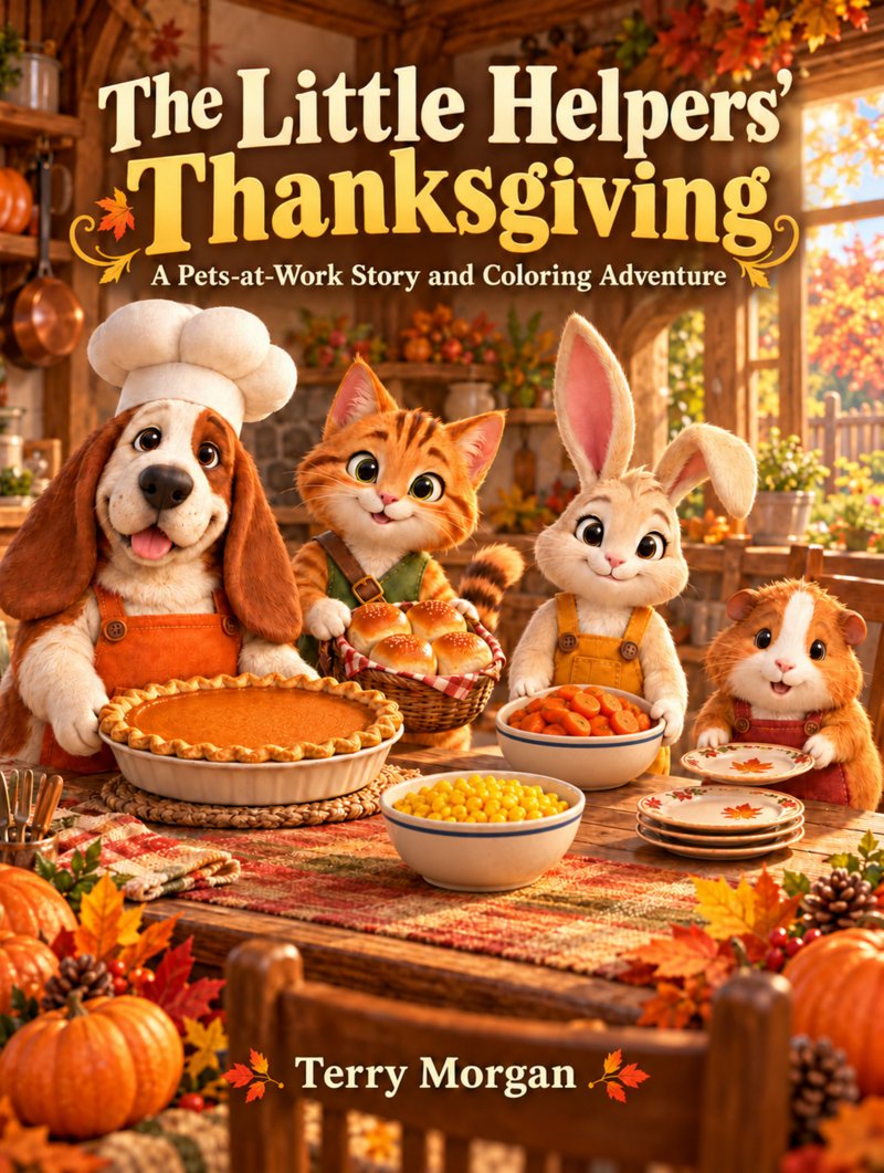 Cover of The Little Helpers' Thanksgiving — Milo the dog, Pip the cat, Clover the bunny and Nibbles the guinea pig with their Thanksgiving feast